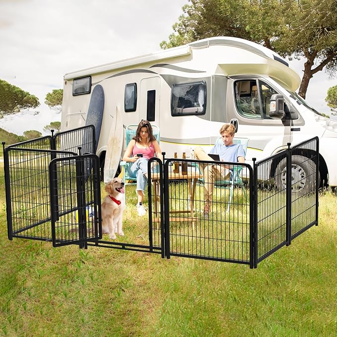 Dog Playpen 48inch 12 Panels, Puppy Playpen Indoors, Dog Fence Outdoor for Yard, Wide Door Low Threshold Garden Fence for Medium/Large Pets. Black Dog Pens Total 26.6 Ft(L)
