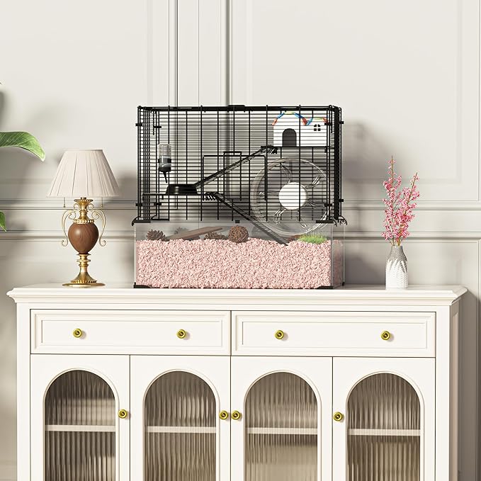3-Tier Glass Hamster Tank, Large Hamster Cage Habitat with 11inch Big Running Wheel for Rat, Mouse, Gerbil, Syrian Hamster, 370 SQ INCHES