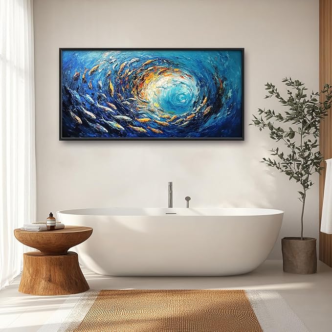 Extra Large Framed Abstract Ocean Fish Wall Art,Oversized Blue Sea Nautical Fish Wall Decor Pictures for Living Room,Canvas Print Painting Modern Artwork Bedroom Office Bathroom Home Decor 60L x30W