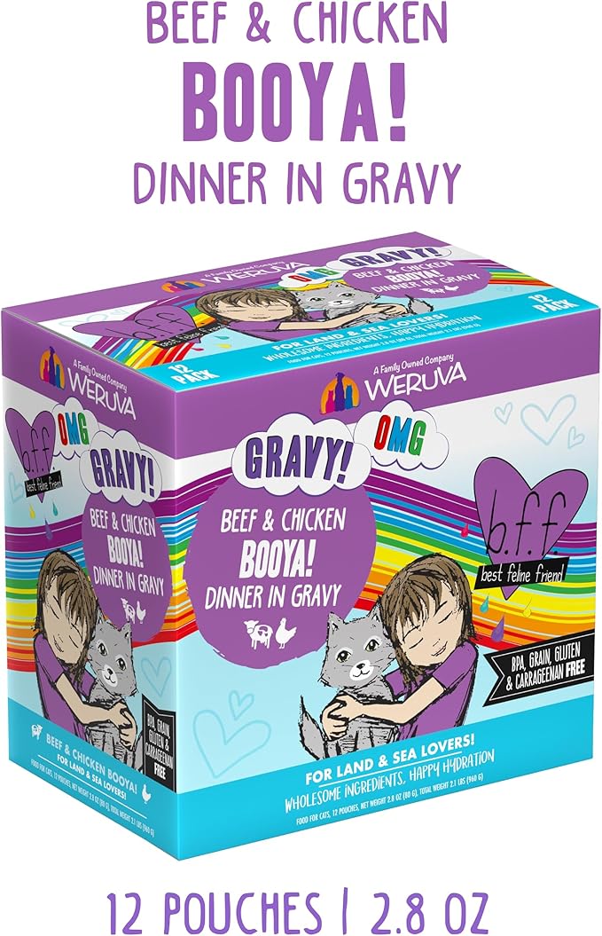 Weruva B.F.F. OMG - Best Feline Friend Oh My Gravy!, Booya! Beef & Chicken in Gravy Cat Food, 2.8oz Pouch (Pack of 12)