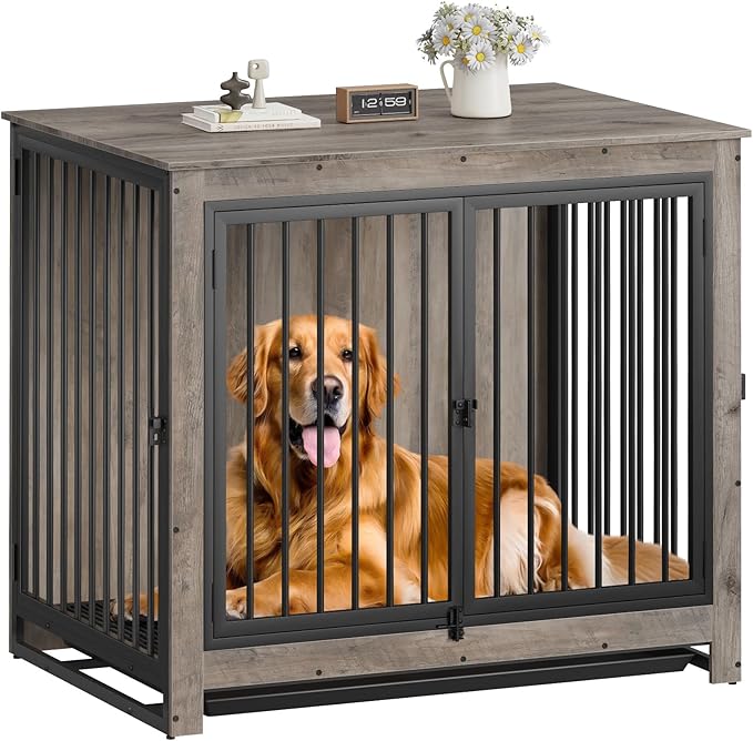 Dog Crate Furniture, Large Dog Crate Furniture, Dog Crate End Table for Large and Medium Dogs, Wooden Cage Kennel Furniture Indoor, Modern Dog Crate with Multi-Purpose Removable Tray