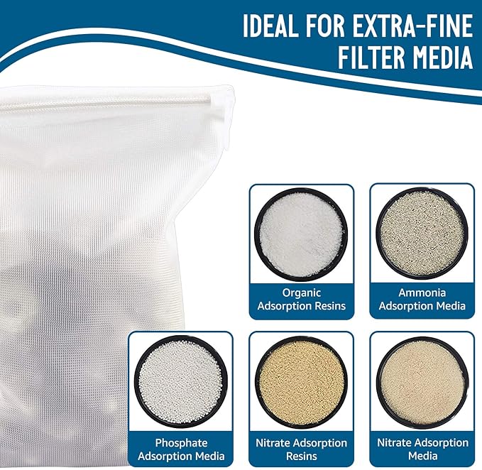 Media Bags for Aquarium - Extra Fine Mesh Bag - 10 PCS Fine Mesh Reusable Nylon Net Filter Bags with Plastic Zipper for Extra Fine Resins Filter, 7.9 x 5.5 Inch