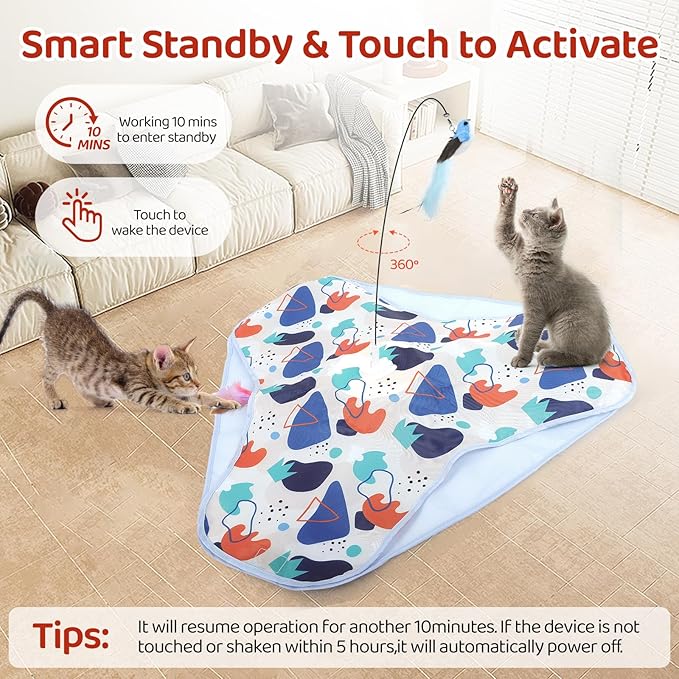 Interactive Cat Toys, Rechargeable Hide and Seek Cat Toys, Durable Stable Base Touch Activated Kitten Toy with Bird Cat Wand, Waving Concealed Feather Exercise Toy for Indoor Bored Cats/Kitten