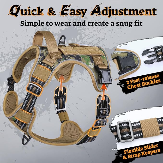 rabbitgoo Dog Harness Small Sized No Pull, Tactical Service Pet Vest with Molle and Control Handle, Adjustable and Reflective Military Harness for Easy Walking and Training, Brown camo, S