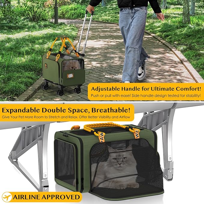 PAWZIDEA Expandable Pet Carrier with Wheels, 18X11X11 TSA Airline Approved Cat Carrier w/ID Card for 2 Cats, Small Dog Carrier Car Seat Travel Bag, Max Weight Recommendation 18 lbs，Green