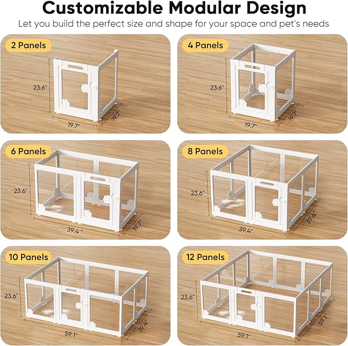 Acrylic Clear Dog Play Pen Indoors, Puppy Playpen with Door for Small Dogs Puppies, Transparent Plastic Pet Playpen Cage Fence Crate Kennel for Cat Kitten Rabbit Bunny Ferret etc (White-2 Panels)