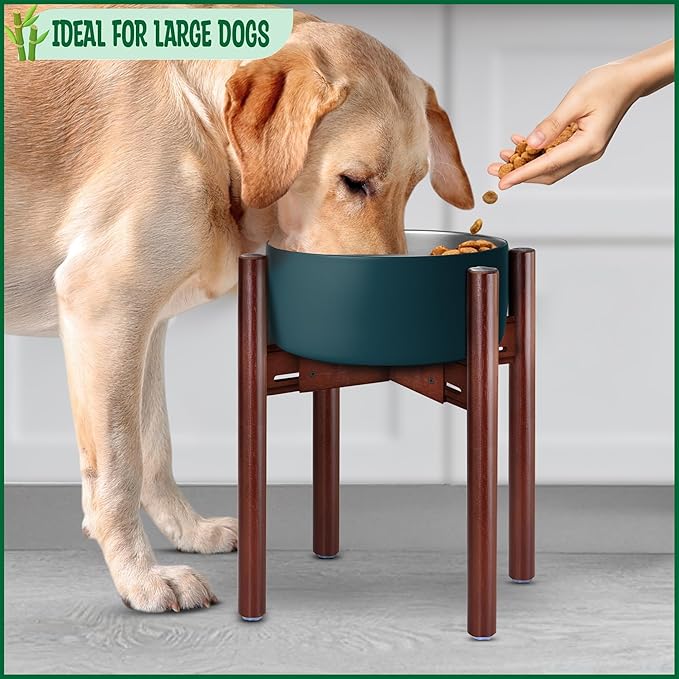 Stand for Dog Water/Food Bowl, Fountain Dishes and Feeders - Makes 14-inch High, Ideal for Large Breeds - Adjustable Sideways with Lock, Dark Wood - Bowls Not Included