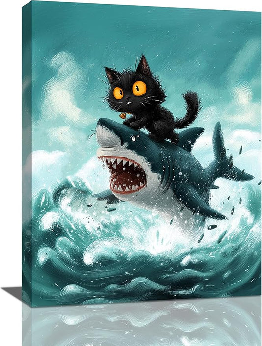 Funny Black Cat Bathroom Wall Art Cute Cat Riding Shark Canvas Wall Decor Animal Kitten Pictures Painting Print Artwork Framed Decorations Gifts for Cat Lover Kids Room Bedroom 12"x16"