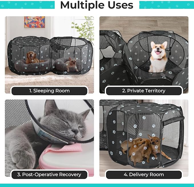 2-in-1 Cat Playpen, Pop Up Dog Pet Playpen for Indoor Outdoor Cats Enclosure, Portable Pet Playpen, Kitten Puppy Foldable Play Pen Cat Dog Tent Crate Cage Kennel(No Divider, Unified Space)