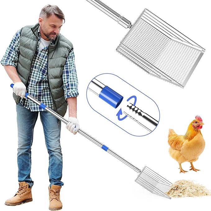 Chicken Poop Scooper, 304 Stainless Steel Shovel Head, 4-in-1 Chicken Litter Scoop with Handle for Chicken Coop & Pet Waste Cleaning, Multifunctional Litter Sifting Shovel(20 to 49")