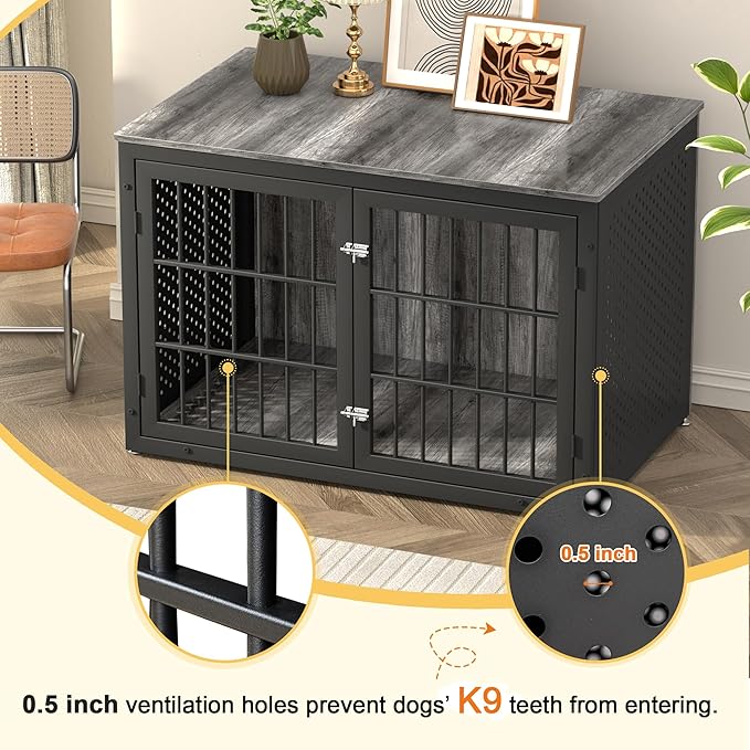 48" Heavy Duty Dog Crate Furniture for Extra Large Dogs, Metal Cage for High Anxiety Dogs, Wooden Kennel Furniture Indoor, Decorative Dog Kennel End Table, XL