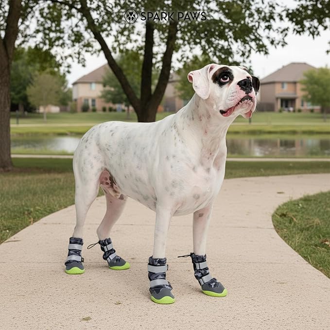 Spark Paws Dog Shoes, Waterproof Dog Boots for Medium to Large Dogs, Non Slip, Breathable Dog Booties and Paw Protectors - 4PCS Doggie Hiking Boots with Reflective Straps, Gray Camo, Size 5