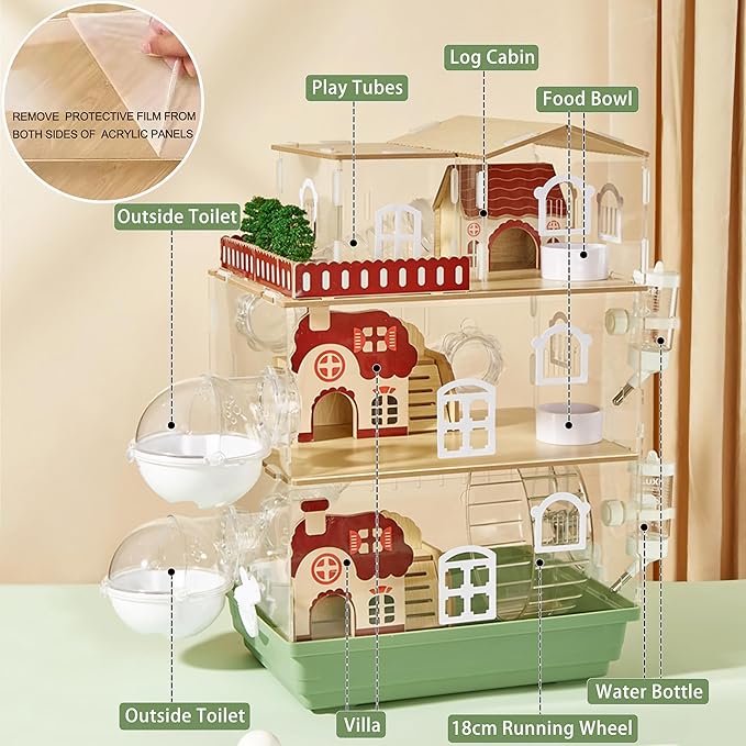 17 in 1 Clear Acrylic Hamster Cage with All Accessories,13.5''L* 10''W* 21''H Dwarf Hamster Cage,Magnetic Connection Small Hamster Enclosure,Garden Style Wooden Pet Mouse Cage for Pet Mice(3-Layer)