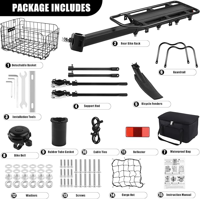 Aodaer Rear Bike Rack with Basket Quick Release Bike Rear Rack Heavy Duty Folding Bike Basket with Waterproof Bag & Cargo Net & Installation Tool