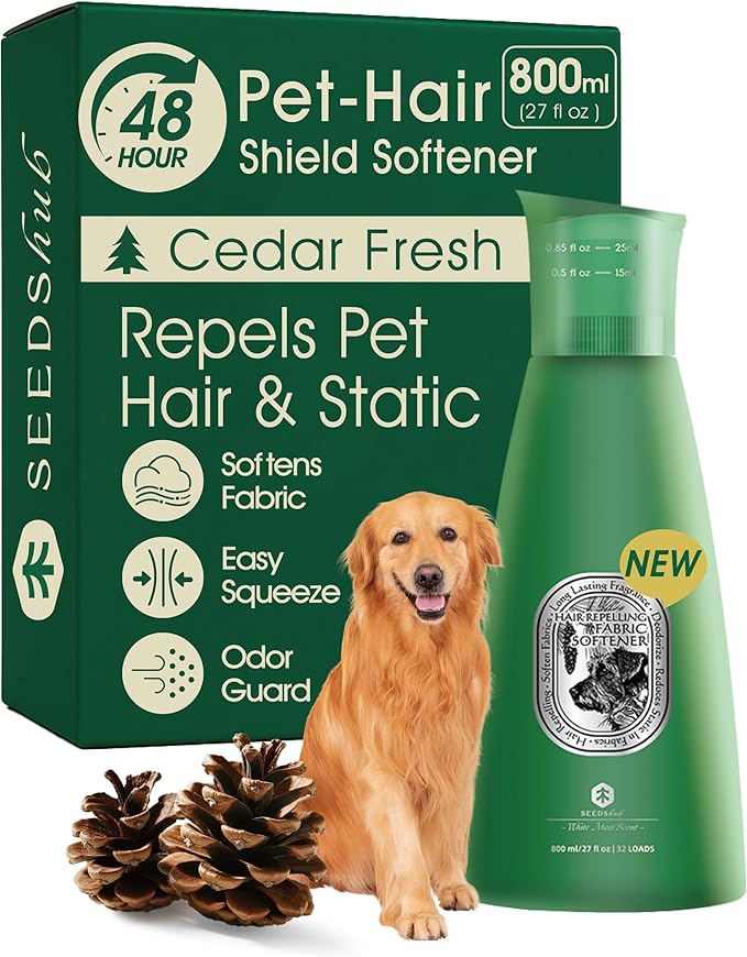 Pet Hair Remover for Laundry, 90% Fur Removal, Fabric Softener Liquid(Non-Dissolving) + Stain Remover, Removes Residue & Odors, Cedar Scent – 27 fl oz, 32 Loads