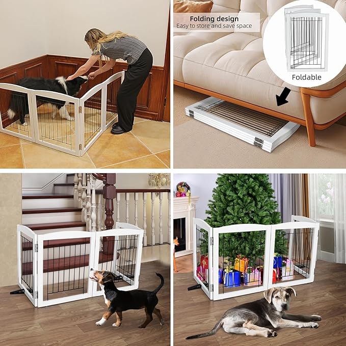 ZJSF Freestanding Dog Fence Indoor, Foldable Dog Gate for Doorways, Stairs or Hallways, Sturdy Wood Extra Wide Pet Gate with Support Feet for The House, White, 24 "Height-3 Panels