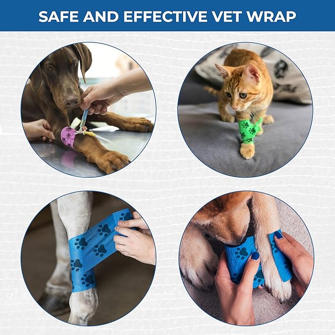 Self Adhesive Bandage Wrap - Pack of 09 Assorted Colors, Breathable & Water-Resistant Vet Wrap for First Aid, Sports Injury, Body Sprains, & Pets (2 Inch Paw Print Multicolor - 09 Pack)