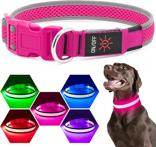 Flashseen LED Dog Collar, Light Up Dog Collar USB Rechargeable, Brightest Dog Lights for Night Walking, Adjustable Dog Collar Light for Dog Safety(Small, Candy Pink)