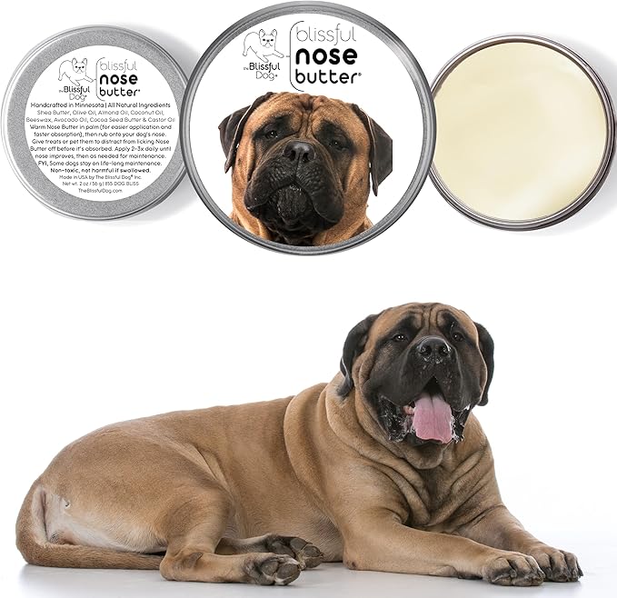 The Blissful Dog Bullmastiff Nose Butter for Dry, Cracked Skin, Lick-Safe Dog Nose Balm with Moisturizing Shea Butter, Almond, Olive, and Essential Oils, Pet Supplies, Uncented, 4 oz.