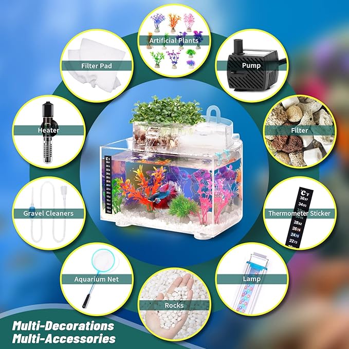 Betta Fish Tank Kit, 2.5 Gallon Aquarium Self-Cleaning with LED Light, Filter, Heater, Decorations and Accessories - Ideal for Hydroponic Growing System and Aquaponics