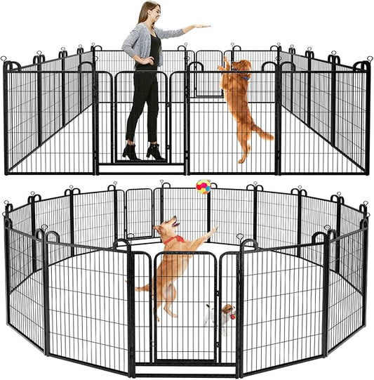 Dog Playpen Outdoor 16 Panels Heavy Duty Dog Fence 40" Height Anti-Rust with Doors Portable for RV Camping Yard, Total 36FT, 102 Sq.ft, Snowy Black