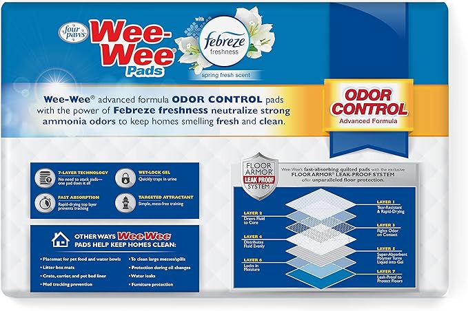 Four Paws Wee-Wee Odor Control with Febreze Freshness Pee Pads for Dogs & Puppies, Leak-Proof Dog Housebreaking Potty Training Floor Protection, Spring Fresh Scent, 22" x 23", 50 Count