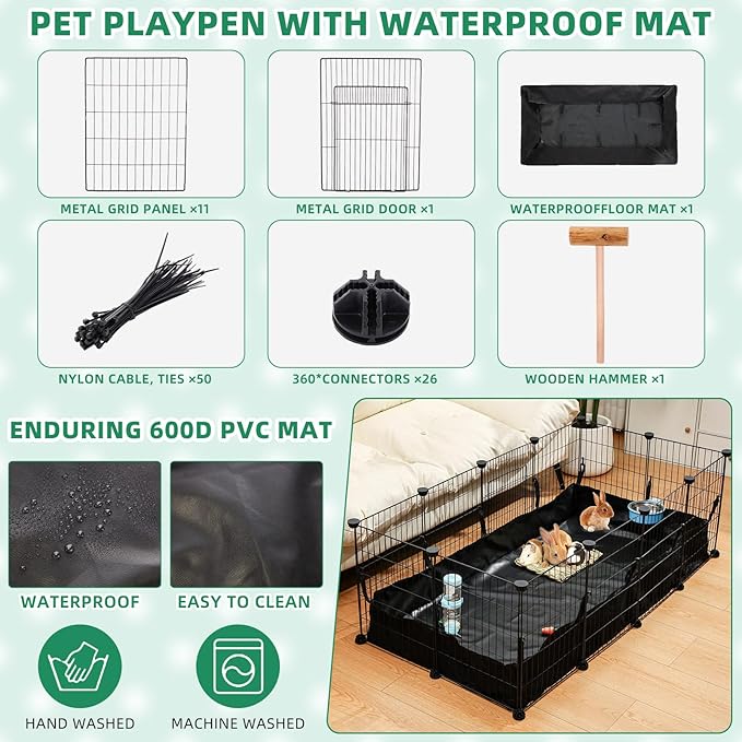 104 Pcs Rabbit Starter Kit Litter Box Bunny Tunnel Pet Playpen with Waterproof Mat Water Bottle Animal Grooming Kit Bowl Blankets with Cleaning Set for Guinea Pig Rabbit Accessories