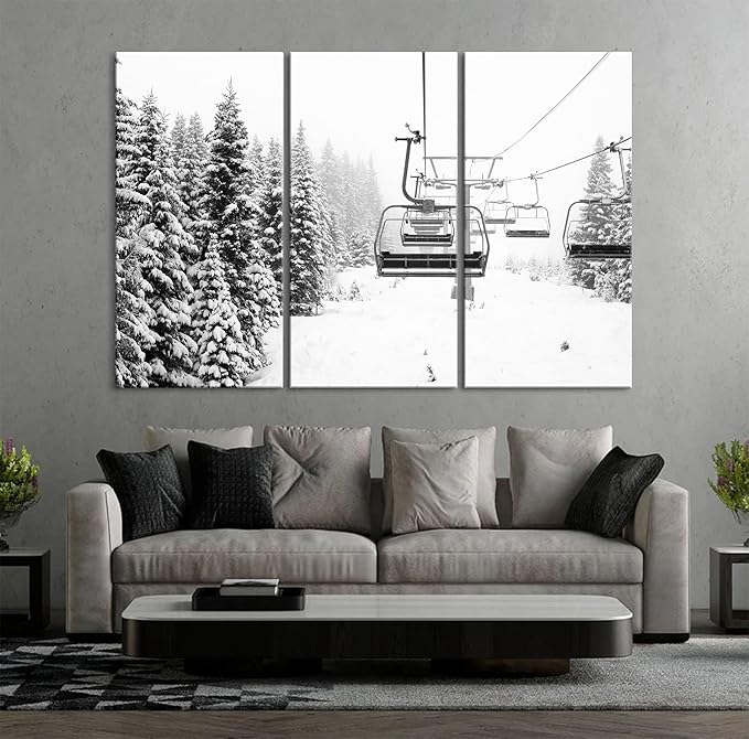 Nature Wall Art Prints - Ocean Forest Mountain Lake Canvas Landscapes - Small to Extra Large Living Room Bedroom Kitchen Bathroom Décor (Ski Lift on Snowy Mountain, 39L" x 59W" - 3 Panels)