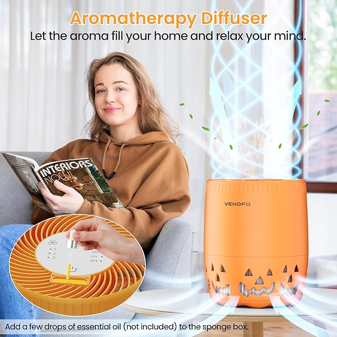 Air Purifiers for Home Bedroom up to 1076ft², True HEPA Air Filters Dust Pets Smoke Hair, 3 Fan Speeds Quiet, Timer Settings, Rechargeable Air Cleaner Office, Bedroom, Pets, Car(Orange)