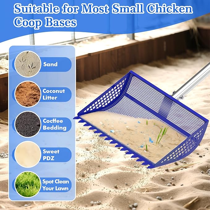 12 Inch Chicken Poop Scooper & Rake 2-in-1, Large Metal Shovel Head, Rubber Handle Stainless Steel Chicken Litter Scoop for Chicken Coops, Litter Screening Scoop (35 to 65in) US Patent Pending (Blue)