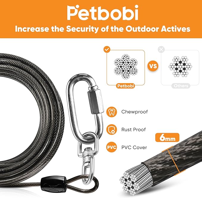 Petbobi Heavy Duty Dog Tie Out Cable and Stake - 40FT Steel Wire Dog Leads for Large Dogs Up to 300lbs, Anti Rust Spiral Stake with Strong Leash & 360° Swivel Hooks - Ideal for Yard, Outdoor & Camping