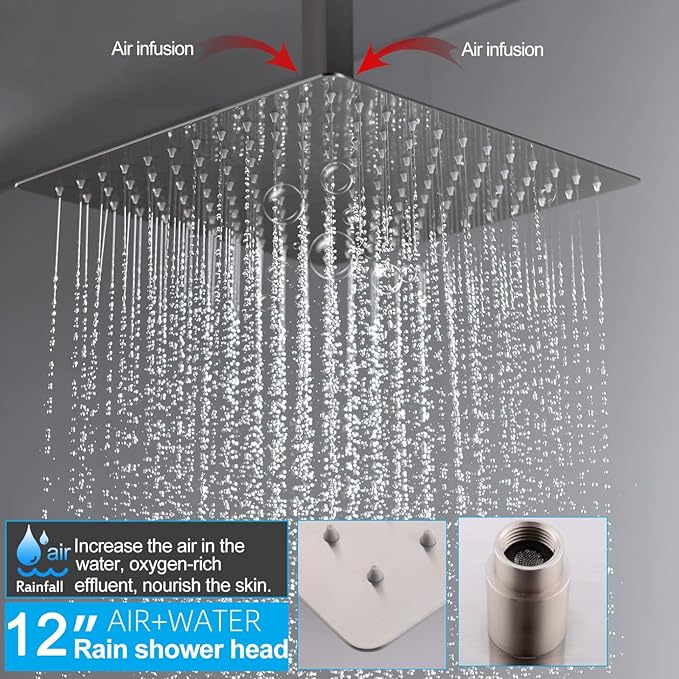 Shower System Brushed Nickel Shower Faucet Set with 12 Inch Ceiling Mounted and 8 Inch Wall Mounted Dual Shower Head and Handle Set with Temperature Display Function