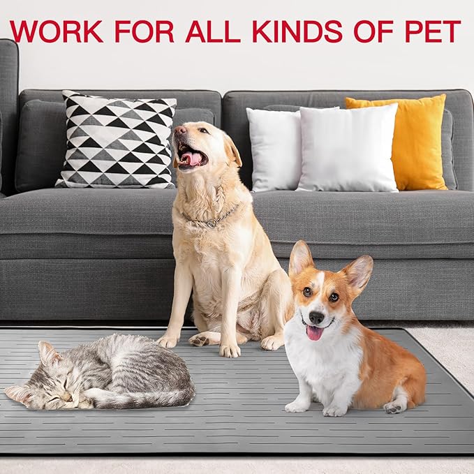 48" x 32" Largest Pet Food Mat, XXXL Silicone Dog Mats for Food and Water, Nonslip Pet Feeding Mats for Floors,Dog Cat Bowl Mat with Raised Edges, Lake Blue