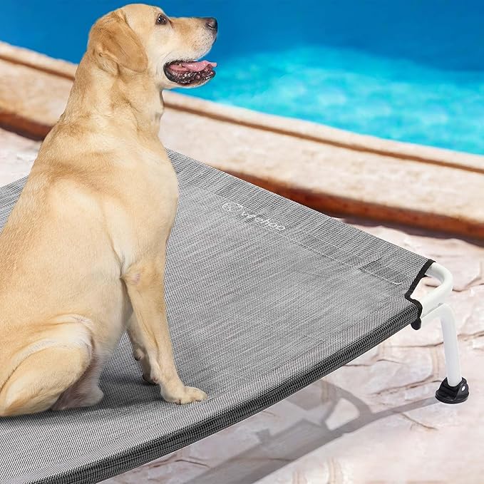 Veehoo Elevated Dog Bed for Outdoor, Cooling Waterproof Raised Dog Cots Beds for Large Dogs, Curved Off Ground Pet Hammock Cot Lifted for Outside, up to 85lbs, White Legs, Black Silver 42"