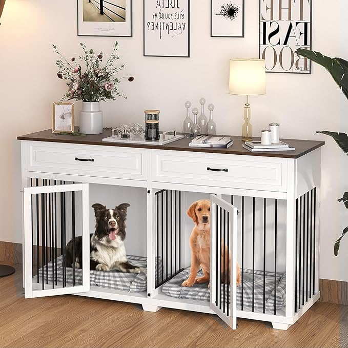 Large Dog Crate with Double Rooms, 72" Heavy Duty Wooden Dog Cage Furniture Dog Crate Kennel with Drawers & Removable Divider,Indoor Luxury Dog House for Large Dogs,White