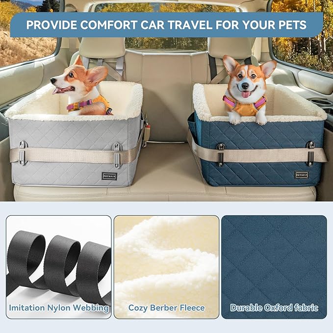 PETSFIT Pet Car Seat for Small Dogs, Soft Foam Dog Booster Car Seat with Patented Safety Buckles, Storage Pockets and Detachable Clip-On Safety Leash, Dog Carseat for Small Dogs Under 30 LBS (Blue)