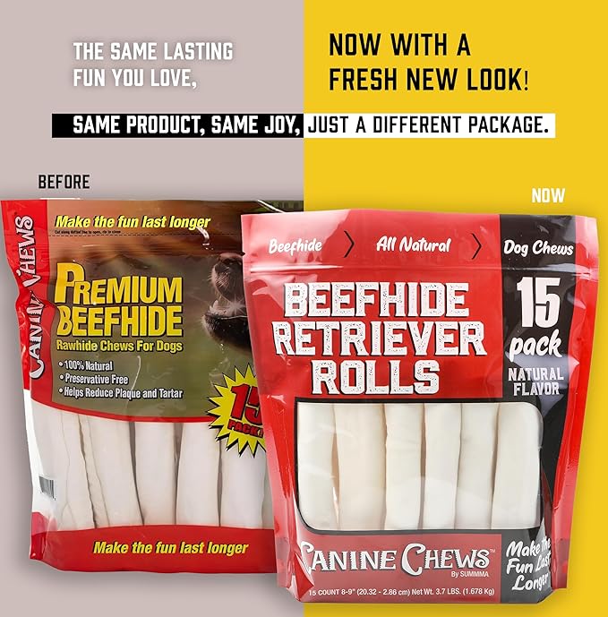 Canine Chews 8-9" Retriever Rolls for Large Dogs - Pack of 15 All-Natural Beef Hide Dog Chews for Aggressive Chewers - 3.7 lb.