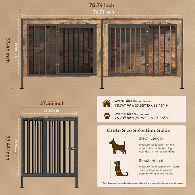78 Inch Dog Cage Furniture for 2 Large/Medium Dogs with Removable Divider, Extra Large Double Doors Dog Kennel, XXL Thick Wooden Dog cage Furniture, Durable and Sturdy, Brown