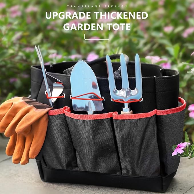 Garden Tools 9-Piece Heavy Duty Gardening Hand Tools with Fashion and Durable Garden Tools Organizer Handbag, Rust-Proof Garden Tools Set, Ideal Gardening Gifts for Women (Black Red)