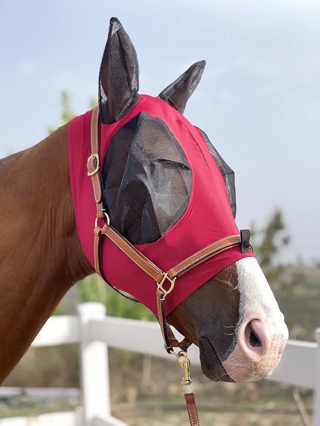 Horse Fly Mask Super Comfort Horse Fly Mask Elasticity Fly Mask with Ears We Only Make Products That Horses Like… (Burgundy, M)