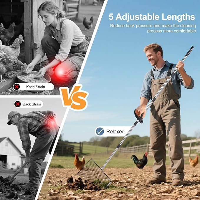 15inch Large Chicken Poop Scooper with Ergonomic Grip, 5 in 1 Adjustable Chicken Coop Pooper Shovel (24 to 76.5"), Stainless Steel Litter Sifting Shovel Scoop for Chicken Coop/Goat Stall/Stable