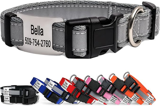 GoTags Reflective Personalized Dog Collar with Nameplate, Adjustable Dog Collar with Custom Engraved Steel Slide On Pet ID Tag, Silent, No Noise Dog Tag for Large Medium or Small (Light Gray, Large)