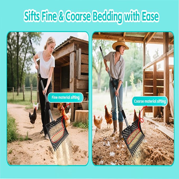 12-Inch 2-in-1 Chicken Poop Scooper & Rake – US Patent Pending – 3-Shape Sifting Holes Chicken Coop Rake，Stainless Steel Handle （20–61"）– Litter Scoop Sand & Sifting Shovel for Chicken Coops (Black)