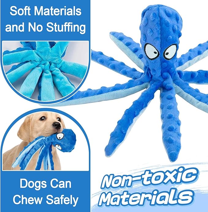 Alphatool Squeaky Dog Toys - Soft Plush Chew Crinkle Puppy Toys to Keep Them Busy, Octopus No Stuffing Interactive Essentials for Teething Small Medium Pets Dogs Gifts - 1pcs