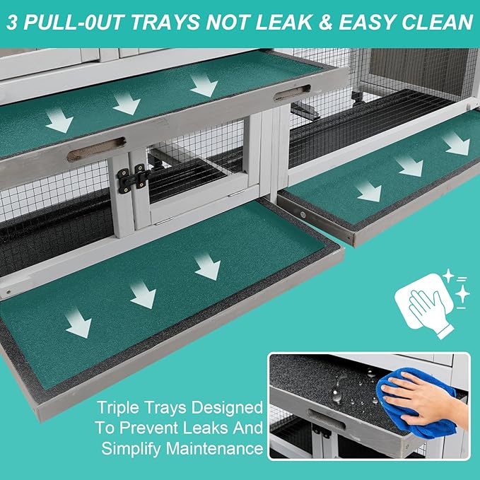 2-Tier Rabbit Hutch with Wheels, Indoor & Outdoor Small Animal Cage with Deep Pull-Out Tray, Anti-Chew Frame, Habitat for Bunny, Guinea Pig, Chinchilla (60" L x 19" W x 35" H)
