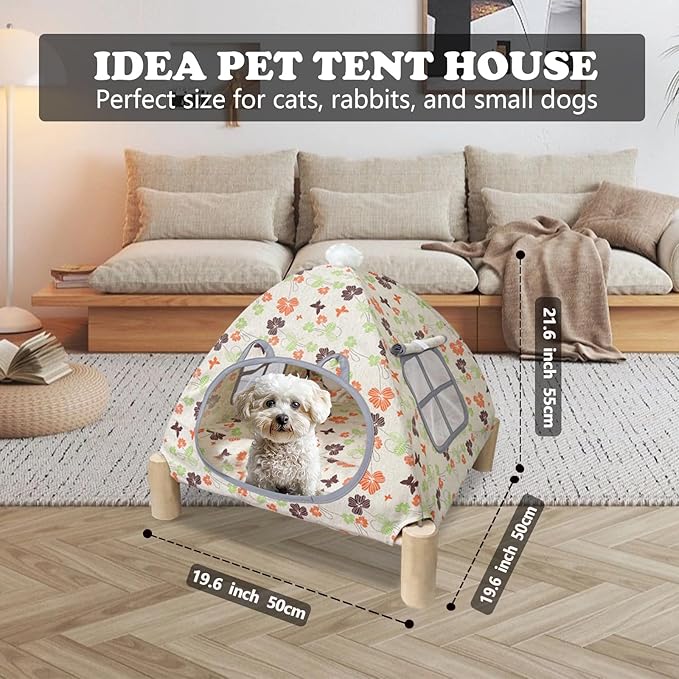 2-in-1 Elevated Cat Tent Cat House, Quick Assembly and Disassembly, Portable Indoor/Outdoor Cute Cat Bed Cave-Butterfly and Flower