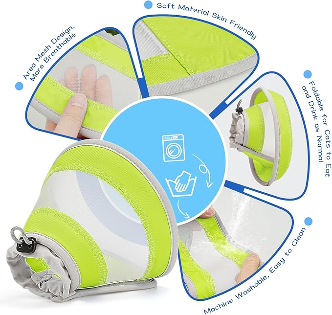 Breathable Air Mesh Cat Cone Collar Soft to Stop Licking, Adjustable, Foldable Lightweight Kitten Cones After Surgery Recovery for Cats & Kittens (Yellow Green,L)