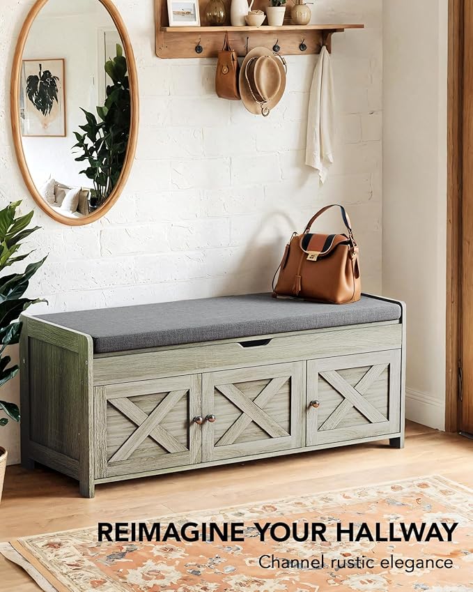 Amada Shoe Bench, Entryway Bench with Cushioned Seat & Lift Top Storage, 3 Doors, Adjustable Shelf, 300 lbs Capacity, Storage Bench with Shoe Rack for Entryway, Bedroom, Living Room, Gray