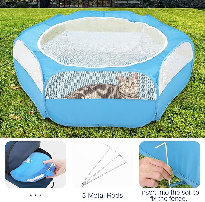 Pawaboo Small Animals Playpen, Waterproof Small Pet Cage Tent with Zippered Cover, Portable Outdoor Yard Fence with 3 Metal Rod for Chick/Kitten/Puppy/Guinea Pig/Rabbits/Hamster/Chinchillas,Light Blue