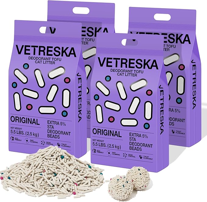 VETRESKA Tofu Cat Litter,Natural Kitty Litter Strong Clumping Flushable Cat Litter Pellets Ultra Absorbent,Odor Control,Dust-Free,Low Tracking Eco-Friendly Tofu Litter,Original(5.5lb×4bags)